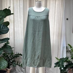 Italian Linen Shift Dress Sage Green Minimalist Resort Womens M